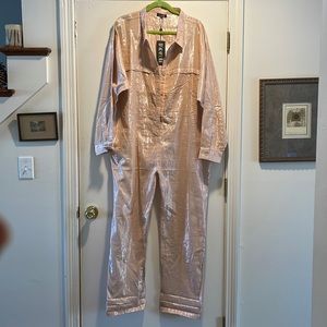 NWT Suzi  Kondi Lurex Utility Salmon Metallic Jumpsuit Glitter and Fabulous